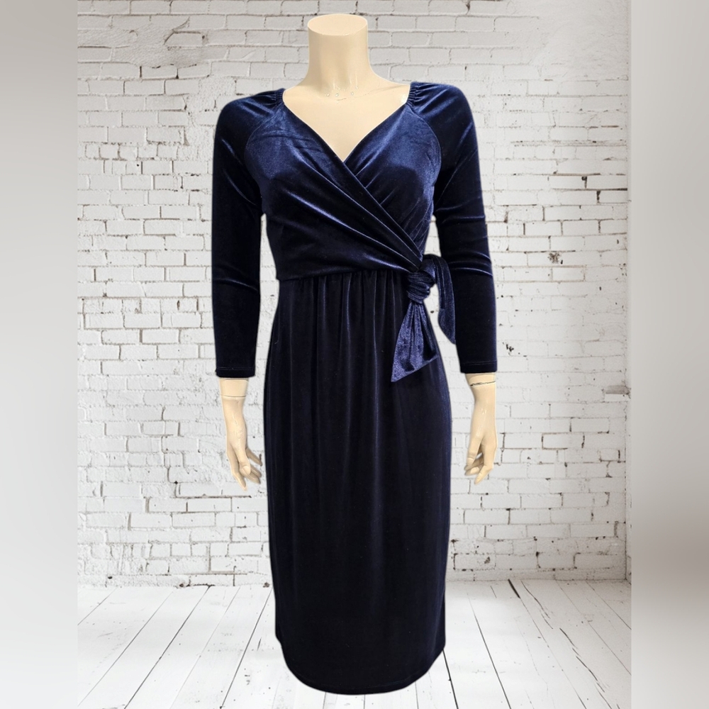 SERAPHINE LUXE Maternity Nursing Blue Stretch Velvet Midi Dress US 4